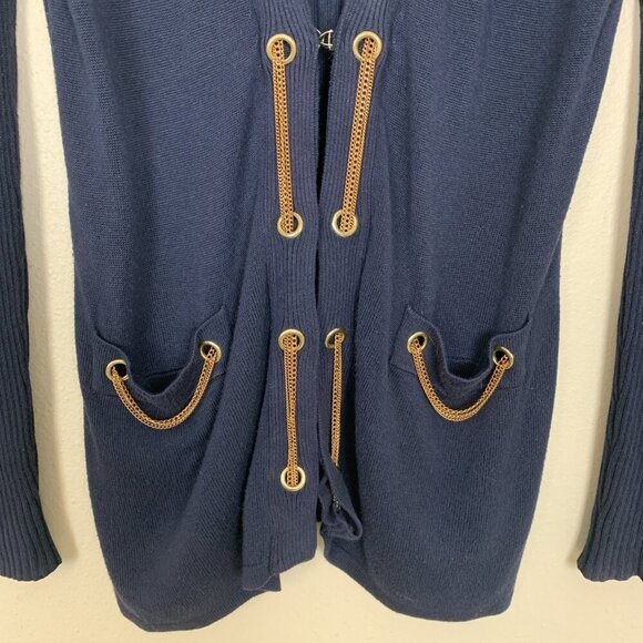 Cache Womens M Cardigan Sweater Navy Blue Gold Chain Nautical Quiet Luxury Knit - Picture 5 of 16